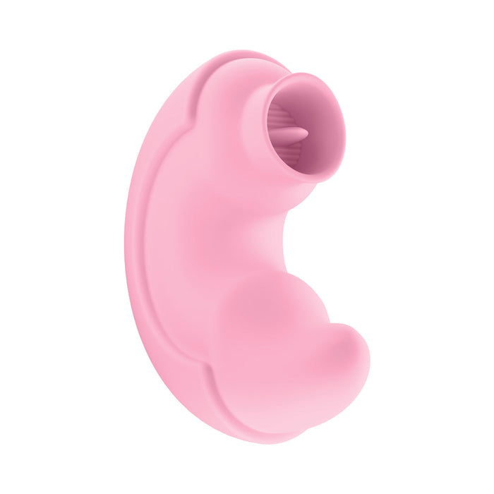 The Pout & Play Double Ended Vibrator with Licking Tongue is a pink silicone massager featuring a curved design, rounded open tip, and soft inner ridges for clitoral stimulation, shown on a white background.
