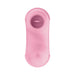 The Pout & Play Double Ended Vibrator with Licking Tongue is a pink silicone toy featuring a rounded, cylindrical shape and an open, textured circular end for clitoral stimulation, shown against a white background.