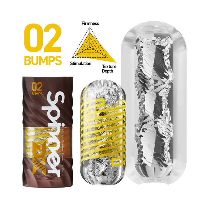 Packaging, exterior, and interior views of the Tenga Spinner DX Bumps Textured Masturbator, featuring a spiral pattern with yellow accents and a labeled graph displaying its firmness, stimulation, and texture depth ratings for this innovative product.