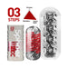 Product image showing the Tenga Spinner DX Steps Textured Masturbator, its packaging, inner texture, and a graph rating firmness, stimulation, texture, and depth. "03 STEPS" is displayed in bold red letters.