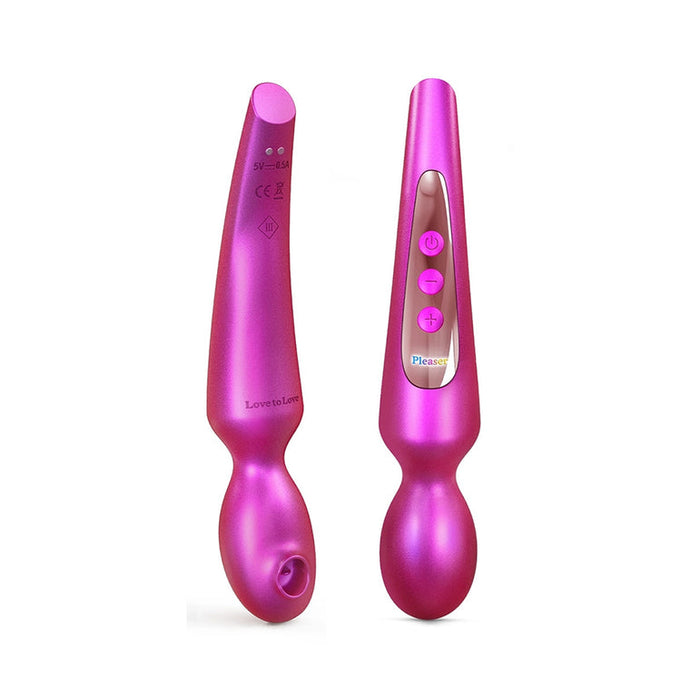 Two views of The Pleaser Flapping Oral Sex Vibrator in metallic pink, featuring rounded ends and a button control panel on the handle, displayed against a plain white background.