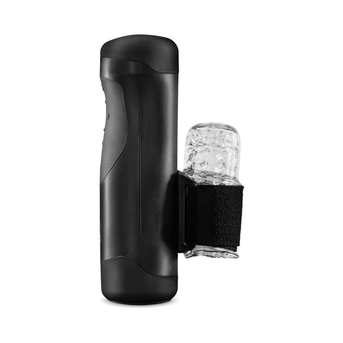 The Handy Adjustable Hand Job Penis Stroker is a black cylindrical interactive masturbator with a transparent textured attachment secured by a black strap, shown against a white background.