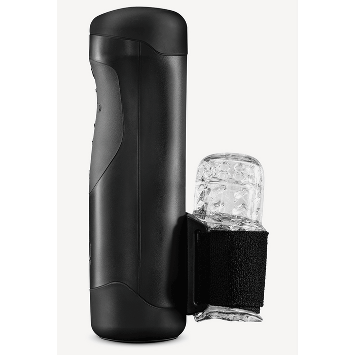The Handy Adjustable Hand Job Penis Stroker is a black cylindrical interactive masturbator with a clear textured sleeve attached by a black strap, shown against a plain white background.