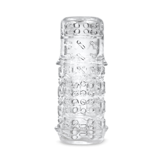 The Handy TrueGrip Gen 2 Sleeve features a transparent, cylindrical design made from extra stretchy silicone with raised bumps and ridges for enhanced grip and sensation. It is longer and thicker for increased pleasure.