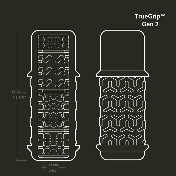 Line drawing of The Handy TrueGrip Gen 2 Sleeve - Longer, Thicker Textured Design, labeled to show front and side views with enhanced grip patterns; measurements: height 13–14 cm, diameter 21 mm (0.82 inch).