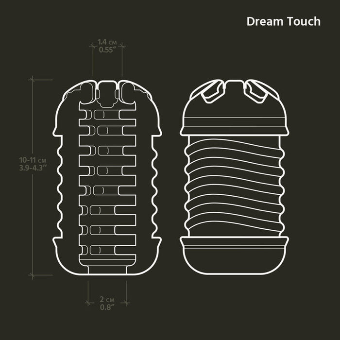Line drawing of The Handy Dream Collection Touch Sleeve, showing front and side views with internal textures for targeted stimulation, plus measurements in cm and inches alongside the design.