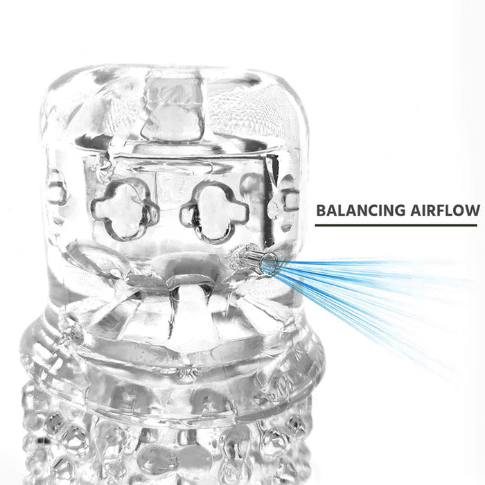 The Handy Dream Collection Chrysm Sleeve, a transparent, textured sleeve with a robot-like face design, is shown. Blue lines labeled "BALANCING AIRFLOW" highlight airflow entering from the side for heightened sensations.