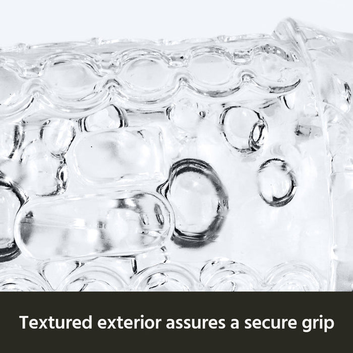 A close-up of The Handy Mermaid Collection Pearl Sleeve features its transparent, textured design with raised bumps, captioned: "Textured exterior assures a secure grip.