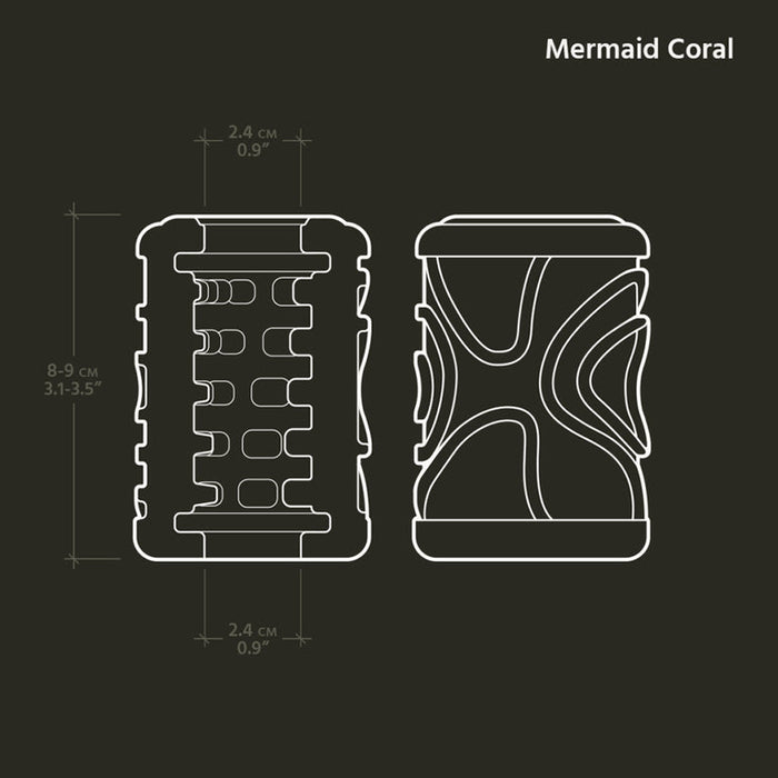 The Handy Mermaid Collection Coral Sleeve - Intense Sensations shown in front and side views with measurements. Made of stretchy TPE, it features grid-like openings on one side and wavy textures for intense stimulation.