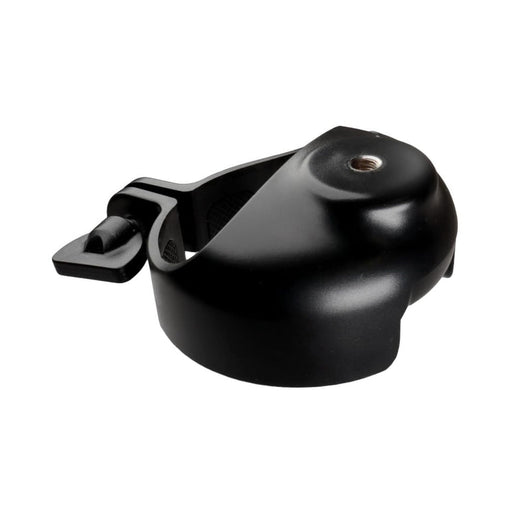 The Handy Handsfree Cup Accessory is a black, curved plastic component with a threaded top hole, attached lever, and universal 1/4-inch screw. It’s compatible with hands-free desk mounts and shown isolated on a white background.