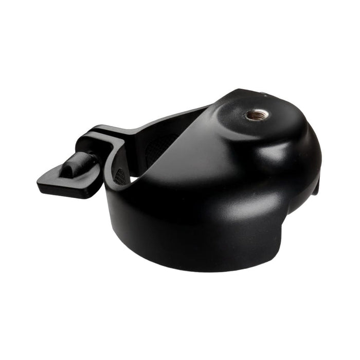 The Handy Handsfree Cup Accessory is a black, curved plastic component with a threaded top hole, attached lever, and universal 1/4-inch screw. It’s compatible with hands-free desk mounts and shown isolated on a white background.