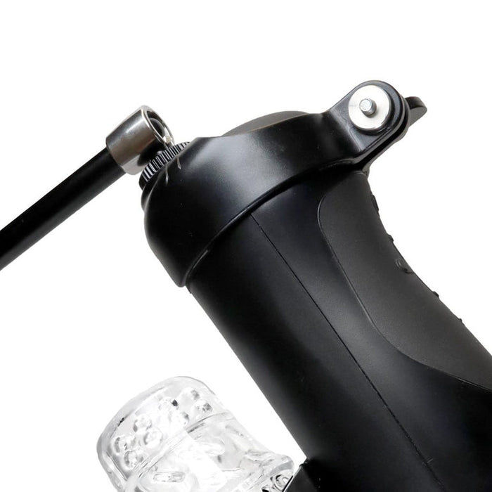 Close-up view of The Handy Handsfree Cup Accessory in black, featuring a clear textured attachment and a metal rod with a universal 1/4-inch screw on top—ideal for hands-free use and secure mounting.