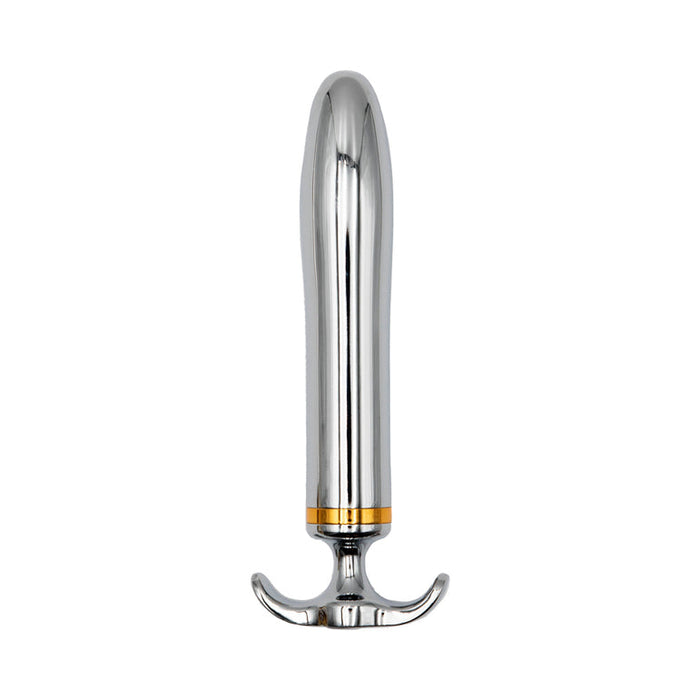 The Fly Me To The Moon Metal Vibrator, a shiny cylindrical toy with a rounded top, gold accent near the base, and curved double handles, is displayed upright on a white background.