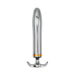 The Fly Me To The Moon Metal Vibrator, a shiny cylindrical toy with a rounded top, gold accent near the base, and curved double handles, is displayed upright on a white background.
