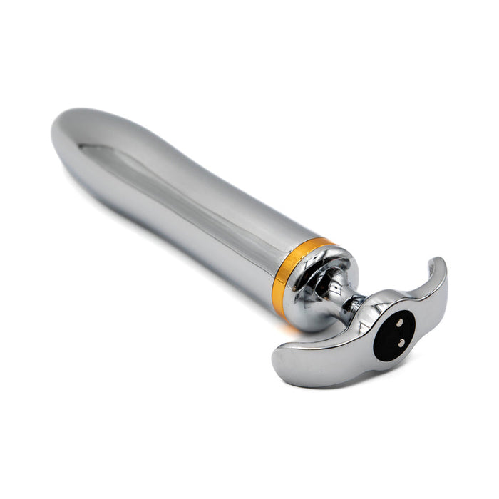 The Fly Me To The Moon Metal Vibrator, a sleek silver device with a curved handle and gold accent near the head—crafted for precision and temperature play—is shown diagonally on a white background.
