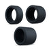 The Accelerate Thick Stretchy Black Silicone Cock Rings - Set of 3 are shown on a white background in a loose triangle. Each black, cylindrical ring boasts a smooth, matte finish and hollow center for versatile use.