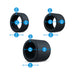 The Accelerate Thick Stretchy Black Silicone Cock Rings - Set of 3 are shown as black cylindrical rings with blue labels displaying width, height, and depth in inches and centimeters, clearly marking diameter and thickness for size selection.