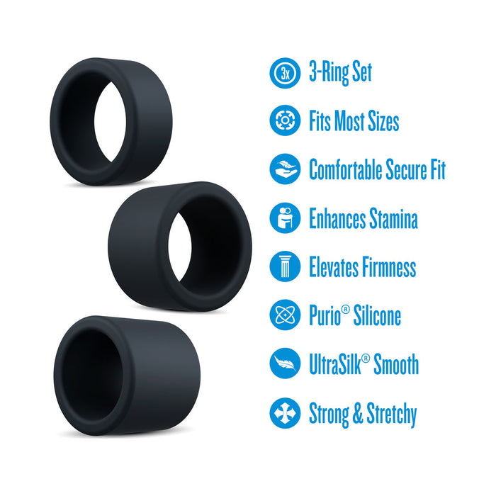 Three Accelerate Thick Stretchy Black Silicone Cock Rings (set of 3) are shown with features in blue text: fits most sizes, secure fit, enhances stamina and firmness, made from Purio silicone, UltraSilk smooth, strong, and stretchy.