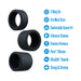 Three Accelerate Thick Stretchy Black Silicone Cock Rings (set of 3) are shown with features in blue text: fits most sizes, secure fit, enhances stamina and firmness, made from Purio silicone, UltraSilk smooth, strong, and stretchy.