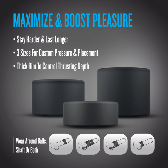 The Accelerate Thick Stretchy Black Silicone Cock Rings - Set of 3 are shown on a gray background. Features include enhanced pleasure, customizable pressure, and thrust control, with illustrations for wearing on the shaft, balls, or both.