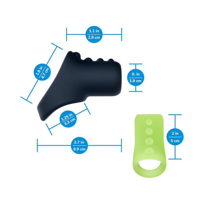 The Flare Cock Slings for Erection Support - Set of 2 includes an ultra-stretchy, textured black ring and a glow-in-the-dark green ring with a loop end, both with measurements in inches and centimeters for length, width, and height.