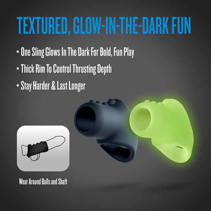The Flare Cock Slings for Erection Support—Set of 2—is shown: one black, one glow-in-the-dark, made of ultra-stretchy silicone. Features include a thick rim for depth control and a stamina support sling. Illustration shows proper placement.
