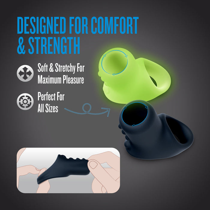 The Flare Cock Slings for Erection Support - Set of 2 includes stretchy silicone rings in green and black, providing comfort, versatility, and a perfect fit. A hands-on inset shows easy stretching while blue and white text highlights key features.