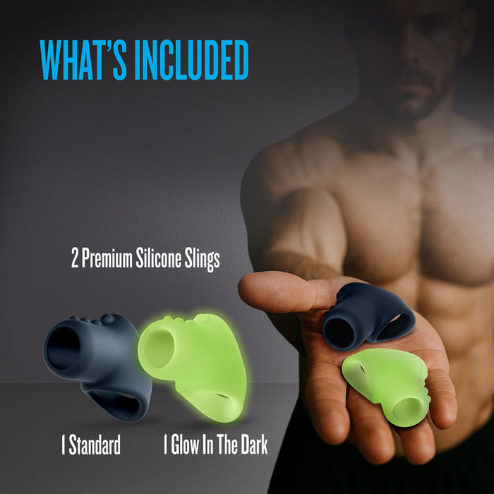 A shirtless man displays two Flare Cock Slings for Erection Support—one black, one glow-in-the-dark green. Text reads: "WHAT'S INCLUDED - Set of 2: 1 Standard, 1 Glow In The Dark stamina support sling.