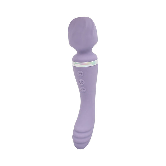 The Wand & Done Double Ended Ergonomic Silicone Wand Vibrator is a purple, rechargeable, body-safe silicone toy with a rounded head, curved handle, and front control buttons, shown against a white background.