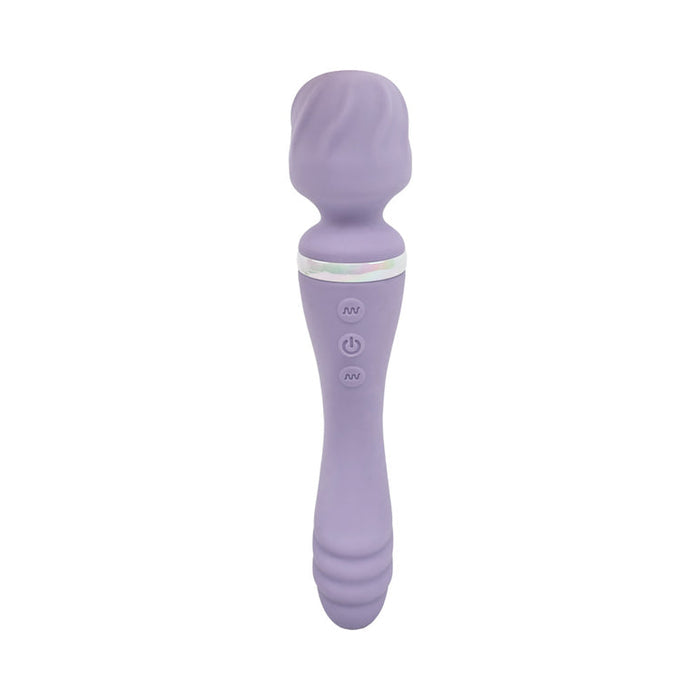 The Wand & Done Double Ended Ergonomic Silicone Wand Vibrator is a purple, body-safe silicone wand with a rounded, textured head and dual control buttons on the handle, shown against a white background.