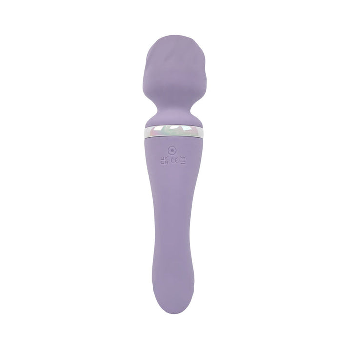 The Wand & Done Double Ended Ergonomic Silicone Wand Vibrator is a purple, body-safe silicone massager with a rounded head, slightly curved handle, silver ring, and top control button, shown on a white background.