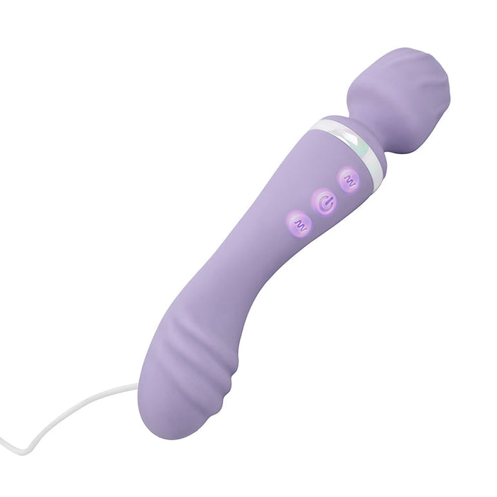 The Wand & Done Double Ended Ergonomic Silicone Wand Vibrator is a purple, body-safe silicone massager with a rounded, textured head, three control buttons, and a power cord at the base of the handle.