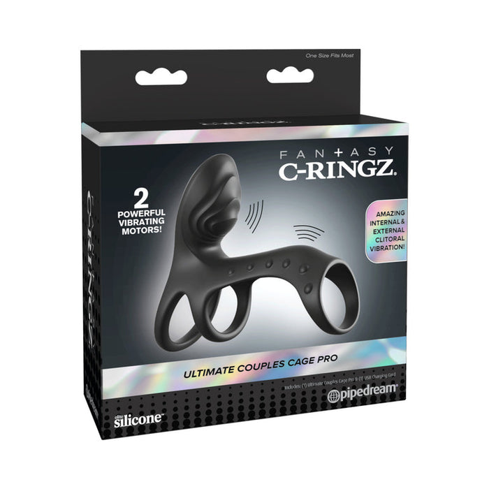 Box packaging for the Ultimate Couples Vibrating Cock Cage Pro, a black silicone vibrating cock ring with dual loops and textured area for internal and external stimulation.