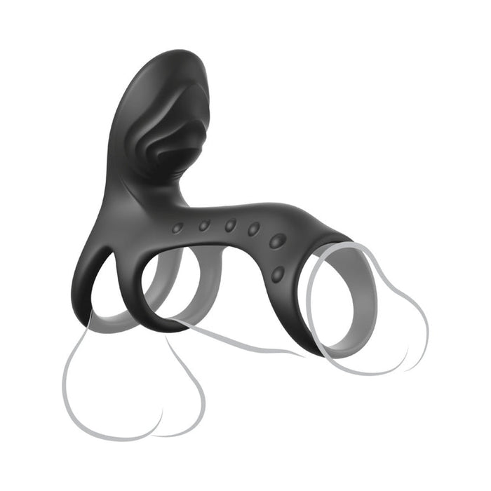 The Ultimate Couples Vibrating Cock Cage Pro is a black silicone cock ring with raised bumps and a contoured shape, designed to fit around the base of the penis and testicles for enhanced clitoral stimulation.
