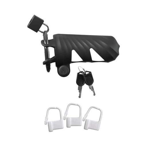 The Cock Blocker Remote-Controlled Vibrating Cock Cage in black, shown with a padlock, three metal keys, and three white rectangular clips on a white background.