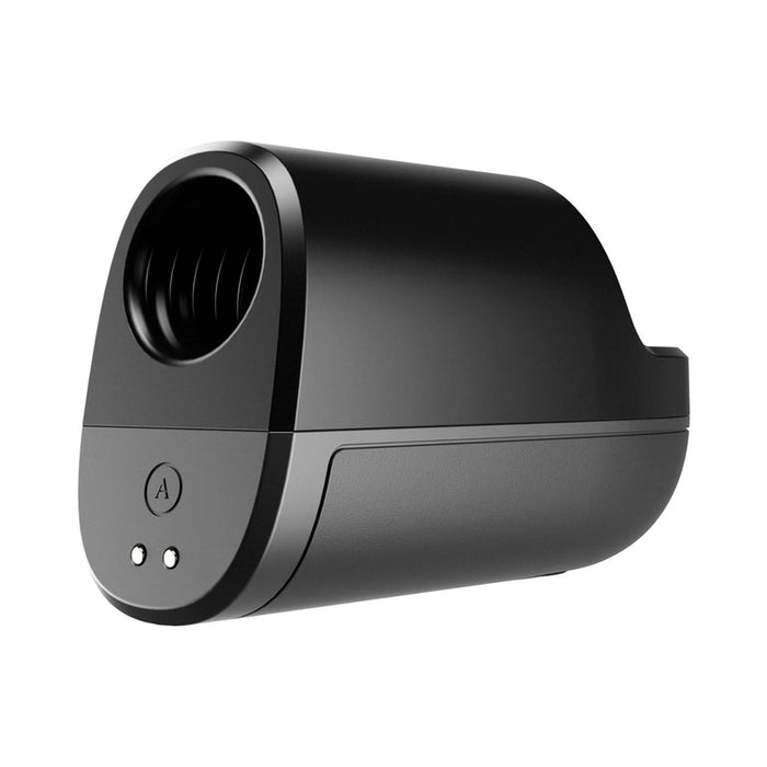 A sleek, black, cylindrical device with a rounded shape, open circular front, two indicator lights, and a button labeled "A"—perfect for the Arcwave Ion 2 Penis Masturbator with Pleasure Air Suction.