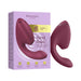 The Womanizer Next Duo Pleasure Air + Vibration Blended Orgasm Stimulator in maroon is shown beside its packaging, featuring product images, branding, and details about 3D Pleasure Air and G-spot vibration for blended orgasms.