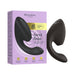 The Womanizer Next Duo Pleasure Air + Vibration Blended Orgasm Stimulator in black is shown next to its purple and yellow box. It features a curved design, side buttons, and combines 3D Pleasure Air technology with vibration for blended orgasms.