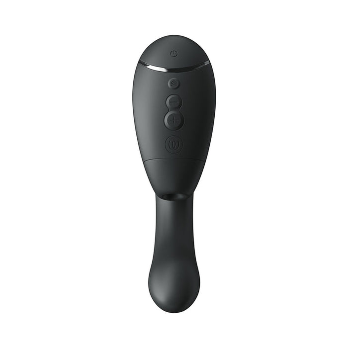 The Womanizer Next Duo Pleasure Air + Vibration Blended Orgasm Stimulator, a black, handheld device with three buttons and an ergonomic curved shape, provides 3D Pleasure Air sensations. Photographed on a white background.