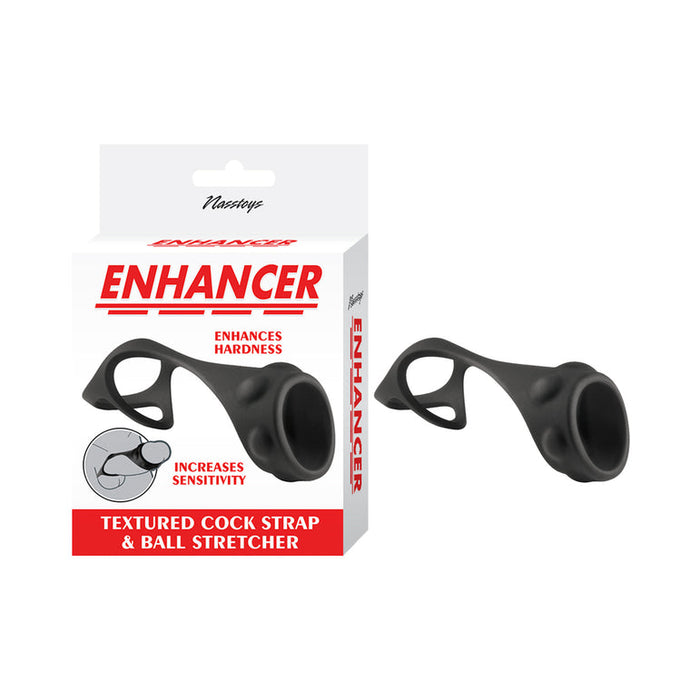 The Enhancer Textured Cock Strap & Ball Stretcher, shown in black silicone next to its packaging, is designed to enhance hardness and increase sensitivity.