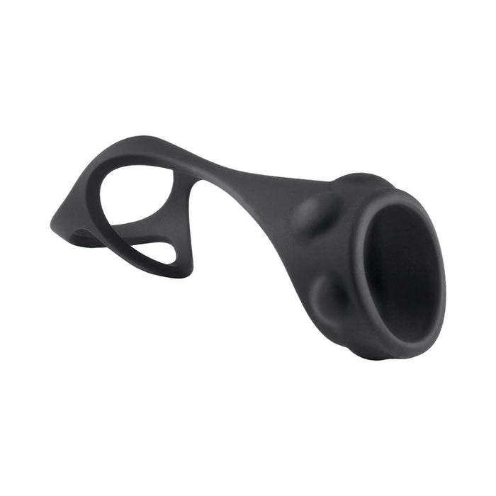 The Enhancer Textured Cock Strap & Ball Stretcher is a black silicone double-loop ring with a textured surface and rounded bumps, designed for intimate use as both a cock ring and ball stretcher, featuring an ergonomic matte finish.