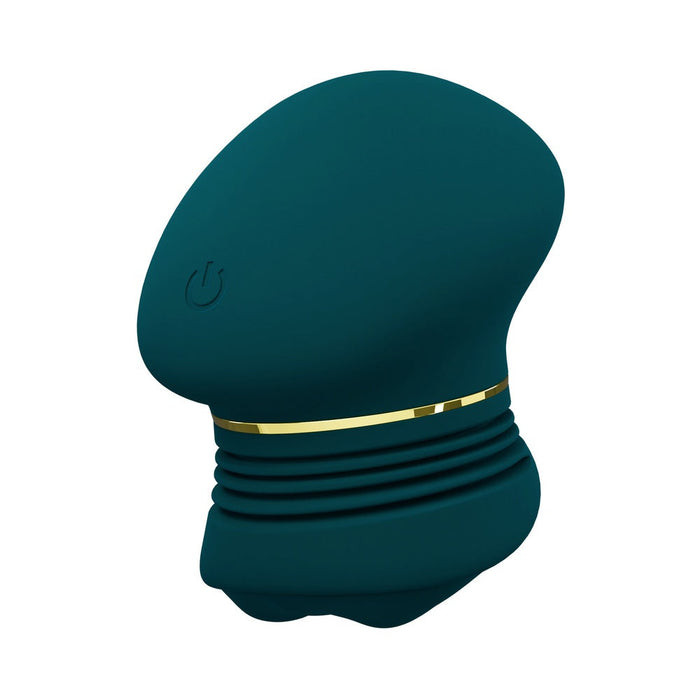 The Riana Circular Clitoral Rubbing Vibrator is a dark teal, curved toy made of body-safe silicone with a ribbed base and gold accent band, plus a subtle power button symbol on the side, shown against a white background.
