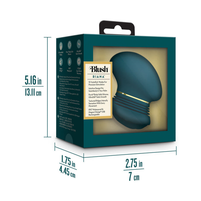 The Riana Circular Clitoral Rubbing Vibrator, a teal body-safe silicone toy, comes in a teal box with gold accents measuring 5.16 x 2.75 x 1.75 in (13.11 x 7 x 4.45 cm).