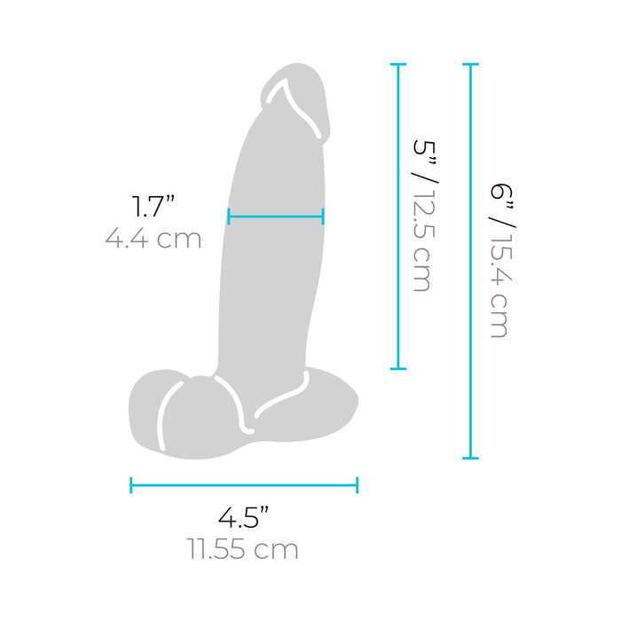 A diagram of the b-Vibe Slipskin Realistic 6 Inch Girthy Silicone Dildo - Vanilla, showing dimensions: 6" (15.4 cm) height, 5" (12.5 cm) insertable length, 1.7" (4.4 cm) width, and 4.5" (11.55 cm) base width.