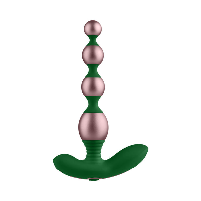 The Bougie Vibrating Aluminum Anal Beads feature five graduated rounded beads and a curved flared base in green and rose gold, ideal for temperature play, photographed on a white background.