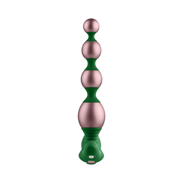 The Bougie Vibrating Aluminum Anal Beads set features four metallic pink and green anodized beads, each increasing in size, connected to a green handle with a button.