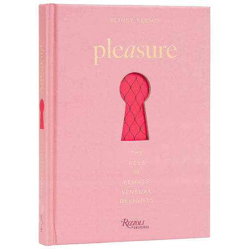 The pink hardcover "Pleasure: The Keys to Female Sensual Delights" features a sex-positive guide and a front cover keyhole cutout revealing a red pattern underneath.