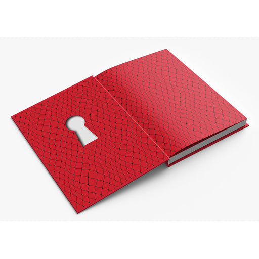 “Pleasure: The Keys to Female Sensual Delights”—an open red book with a black net design and a keyhole-shaped cutout on the left page, elegantly displayed on a white surface.