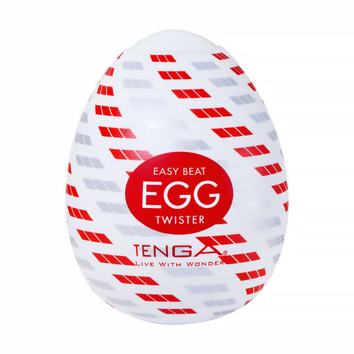 A white, egg-shaped Tenga Egg Standard 3 Pack Disposable Masturbators II stroker featuring red and gray diagonal patterns, with a central red circle displaying "EASY BEAT EGG TWISTER" and "TENGA LIVE WITH WONDER" in white text.