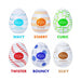 Six Tenga Egg Variety Pack Disposable Masturbators are displayed in two rows; each stretchable sleeve features a unique pattern, color, and label: Wavy, Starry, Cubic, Twister, Bouncy, and Silky.